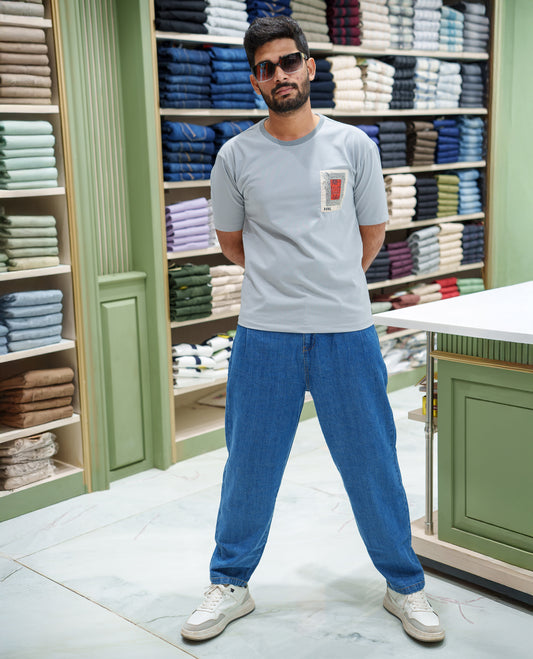 Grey Cotton-Blended T-shirt, Features Unique Back Print, Half-sleeves, Crew Neck, Oversized Fit, and Regular Length 