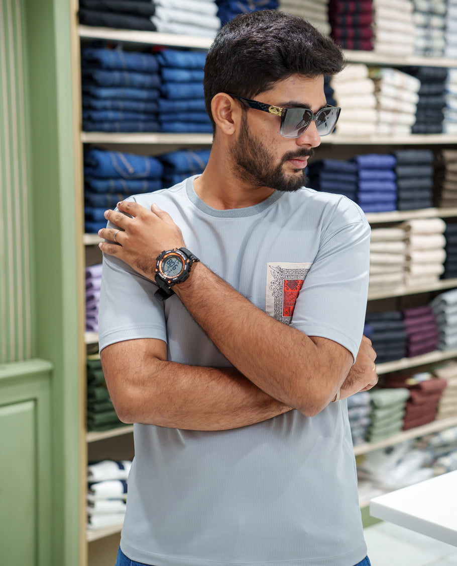 Grey Cotton-Blended T-shirt, Features Unique Back Print, Half-sleeves, Crew Neck, Oversized Fit, and Regular Length