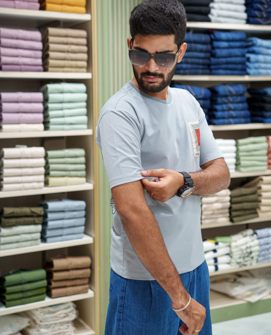 Grey Cotton-Blended T-shirt, Features Unique Back Print, Half-sleeves, Crew Neck, Oversized Fit, and Regular Length