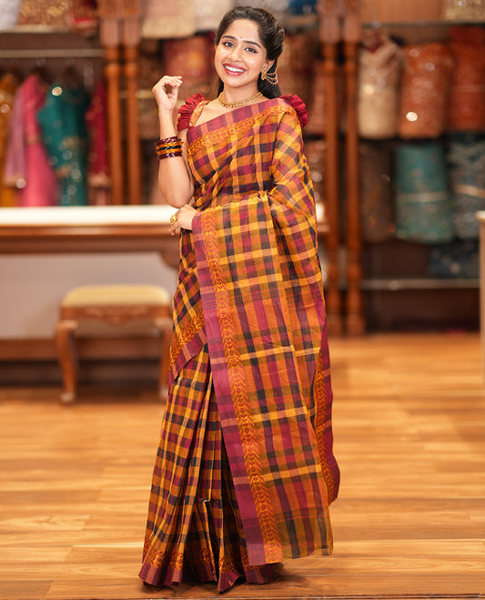 Maroon-Mustard Bengal Cotton Saree