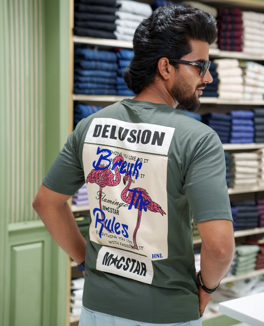 Grey Cotton-Blended T-shirt, Comes with a Unique Back Print, Half-sleeves, Crew Neck, Oversized Fit, and Regular Length 