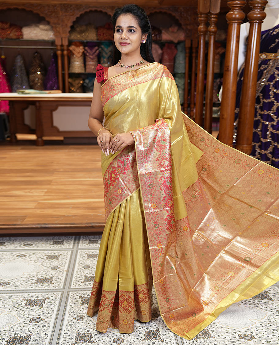 Mustard zari buttas tissue silk saree, contrast border of patola design and traditional motifs, jaal pallu, and a matching blouse