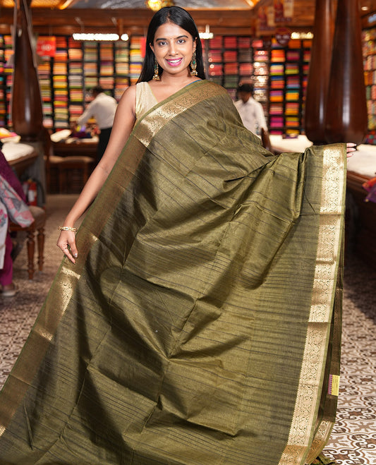 Olive Green Fancy Tussar Saree, Floral-Paisley Border, Grand Pallu, a Contrast Printed Blouse, Matching Brocade Blouse
