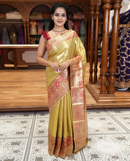 Mustard zari buttas tissue silk saree, contrast border of patola design and traditional motifs, jaal pallu, and a matching blouse