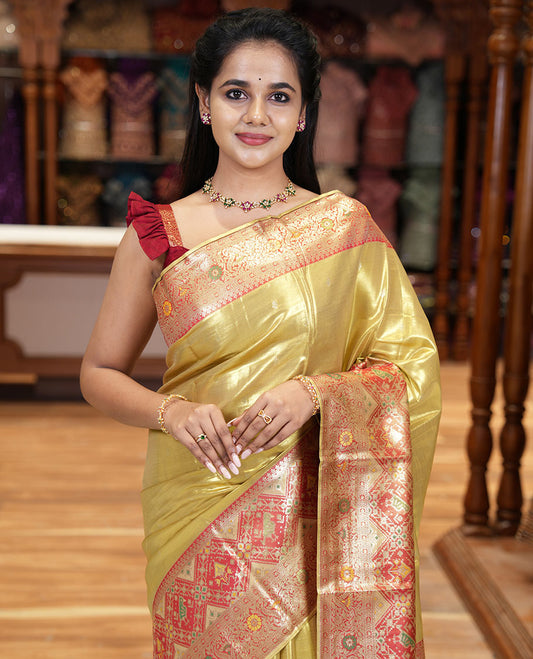 Mustard zari buttas tissue silk saree, contrast border of patola design and traditional motifs, jaal pallu, and a matching blouse