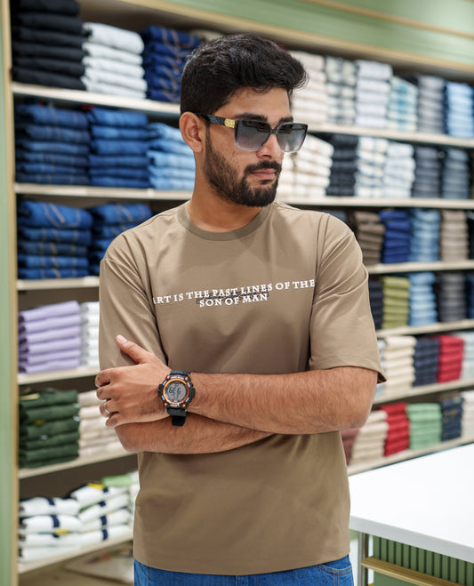 Brown Cotton-Blended T-shirt, Comes with a Unique Back Print, Half-sleeves, Crew Neck, Oversized Fit, and Regular Length 