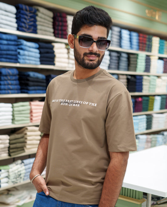 Brown Cotton-Blended T-shirt, Comes with a Unique Back Print, Half-sleeves, Crew Neck, Oversized Fit, and Regular Length 