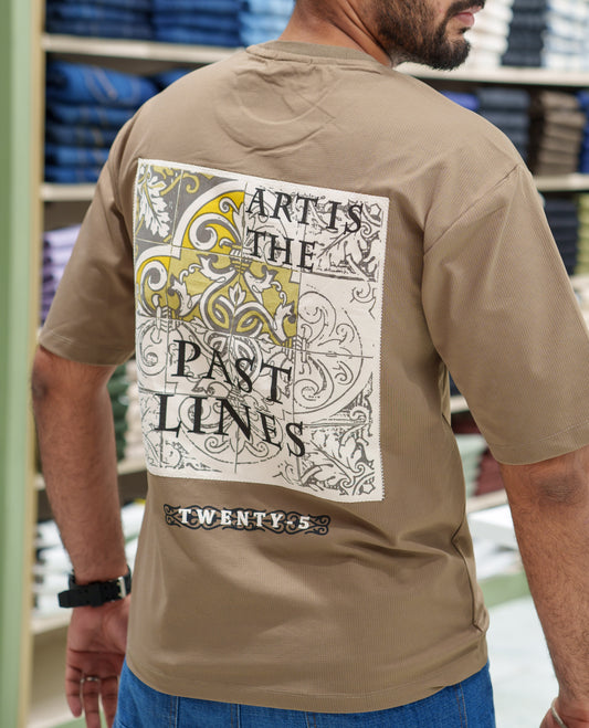 Brown Cotton-Blended T-shirt, Comes with a Unique Back Print, Half-sleeves, Crew Neck, Oversized Fit, and Regular Length 