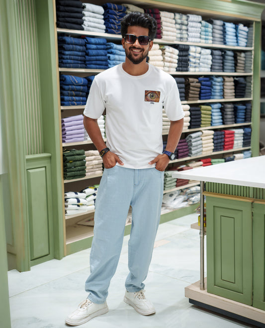 White Cotton-Blended T-shirt, Comes with a Unique Back Print, Half-sleeves, Crew Neck, Oversized Fit, and Regular Length 