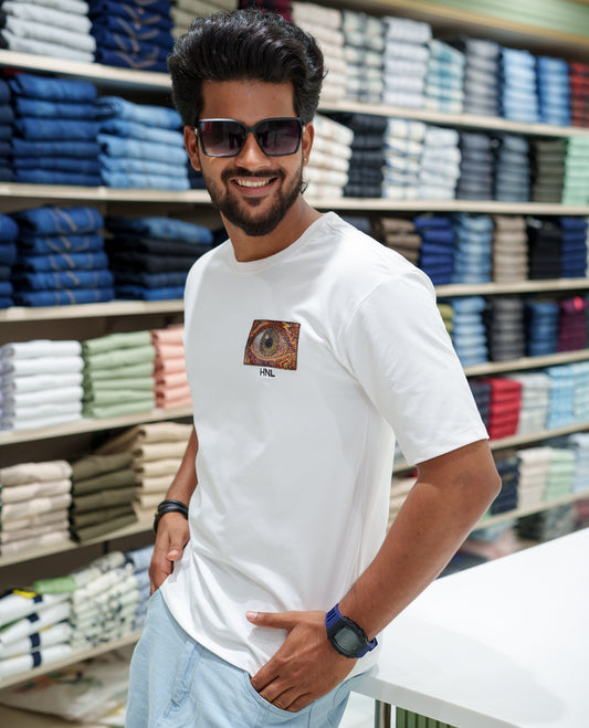 White Cotton-Blended T-shirt, Comes with a Unique Back Print, Half-sleeves, Crew Neck, Oversized Fit, and Regular Length