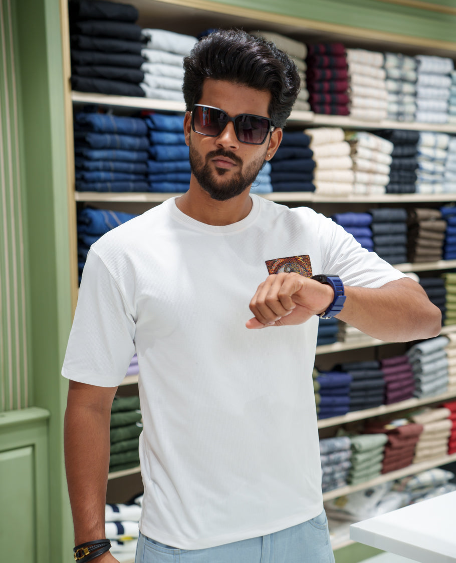 White Cotton-Blended T-shirt, Comes with a Unique Back Print, Half-sleeves, Crew Neck, Oversized Fit, and Regular Length