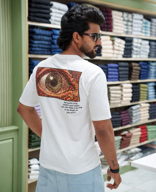 White Cotton-Blended T-shirt, Comes with a Unique Back Print, Half-sleeves, Crew Neck, Oversized Fit, and Regular Length 