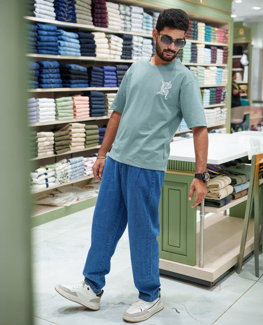 Teal Cotton-Blended T-shirt, Comes with a Unique Back Print, Half-sleeves, Crew Neck, Oversized Fit, and Regular Length 
