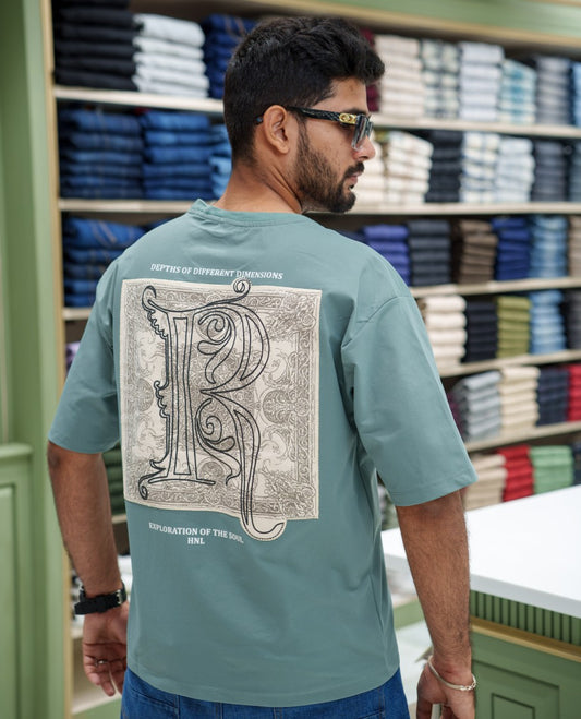 Teal Cotton-Blended T-shirt, Comes with a Unique Back Print, Half-sleeves, Crew Neck, Oversized Fit, and Regular Length 