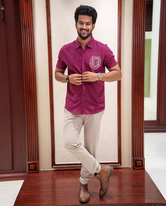 Maroon Fancy Knitted Casual Shirt, Comes with Lion Motifs Embroidery, a Spread Collar, Half Sleeves, Regular Fit, and Regular Length