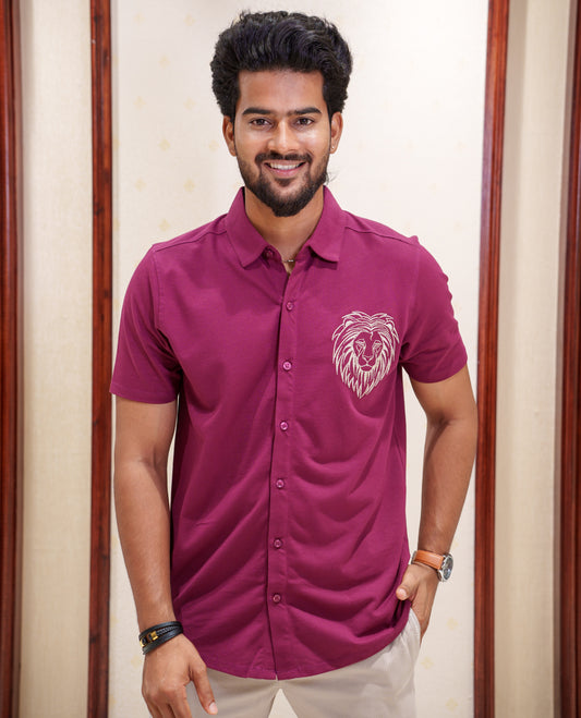 Maroon Fancy Knitted Casual Shirt, Comes with Lion Motifs Embroidery, a Spread Collar, Half Sleeves, Regular Fit, and Regular Length