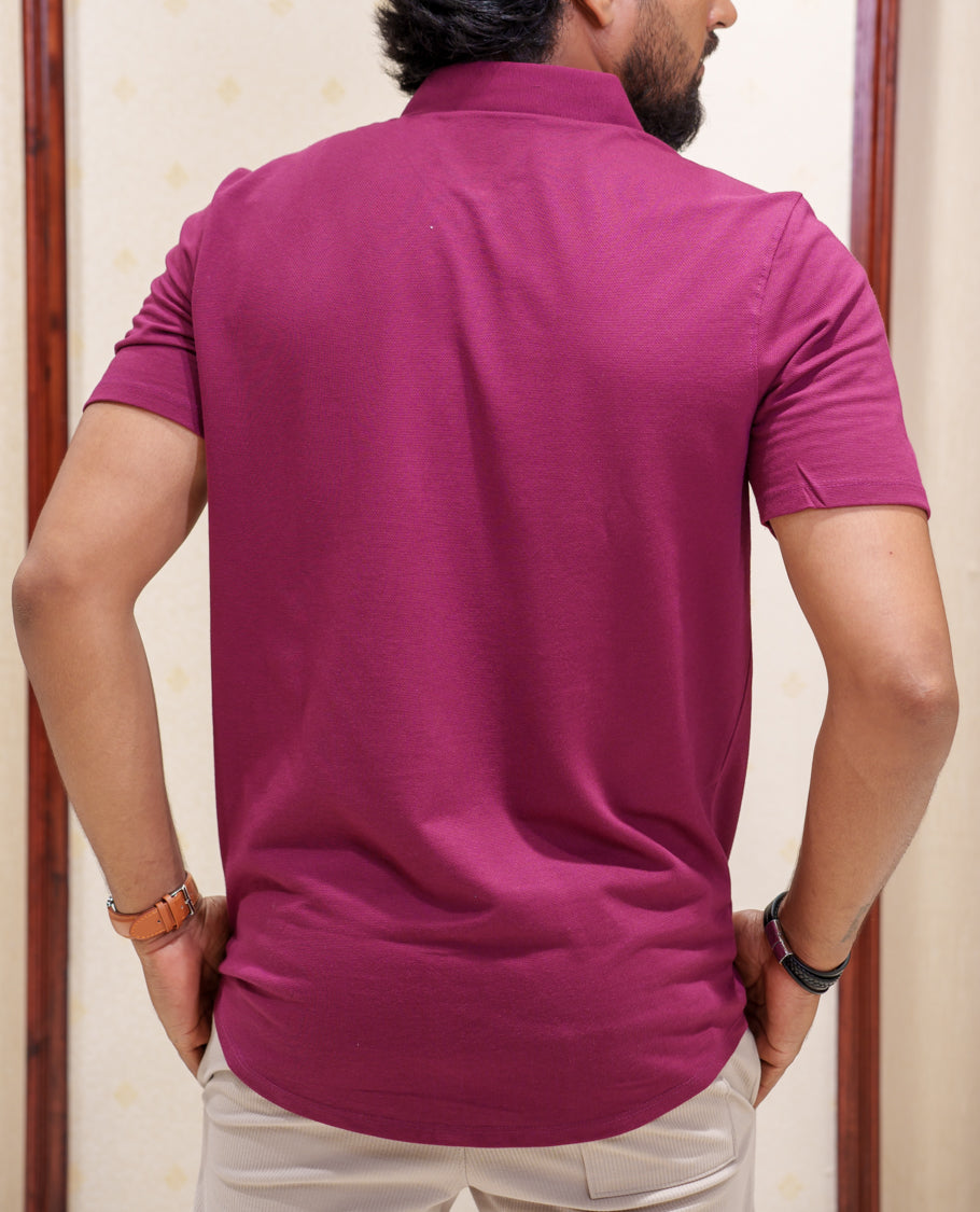 Maroon Fancy Knitted Casual Shirt, Comes with Lion Motifs Embroidery, a Spread Collar, Half Sleeves, Regular Fit, and Regular Length