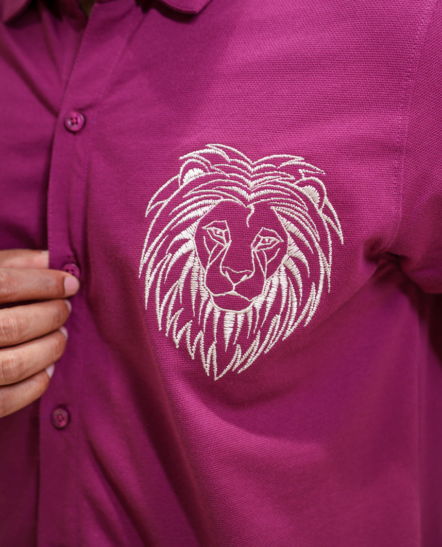 Maroon Fancy Knitted Casual Shirt, Comes with Lion Motifs Embroidery, a Spread Collar, Half Sleeves, Regular Fit, and Regular Length