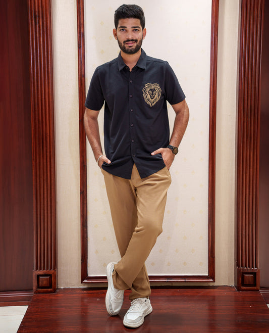 Black Fancy Knitted Casual Shirt, Comes with Lion Motifs Embroidery, a Spread Collar, Half Sleeves, Regular Fit, and Regular Length