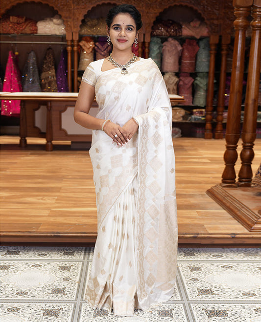 Borderless white zari buttas and diamond buttas mushru silk saree, intricately designed pallu, and a matching blouse