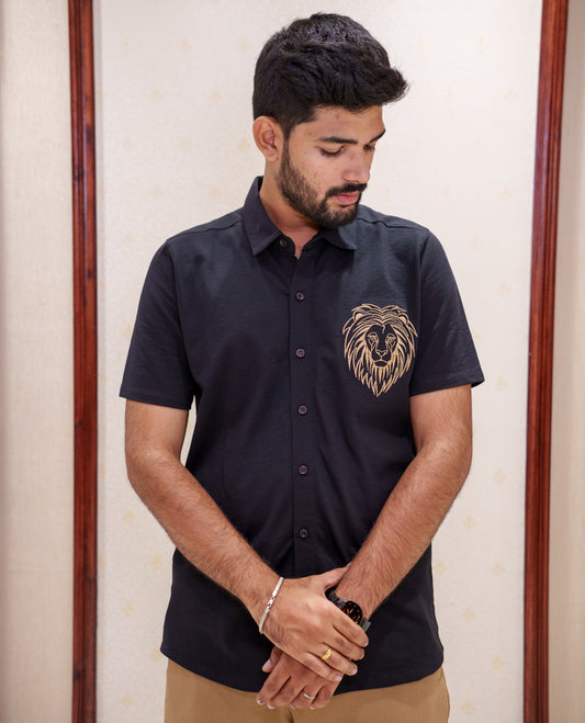 Black Fancy Knitted Casual Shirt, Comes with Lion Motifs Embroidery, a Spread Collar, Half Sleeves, Regular Fit, and Regular Length