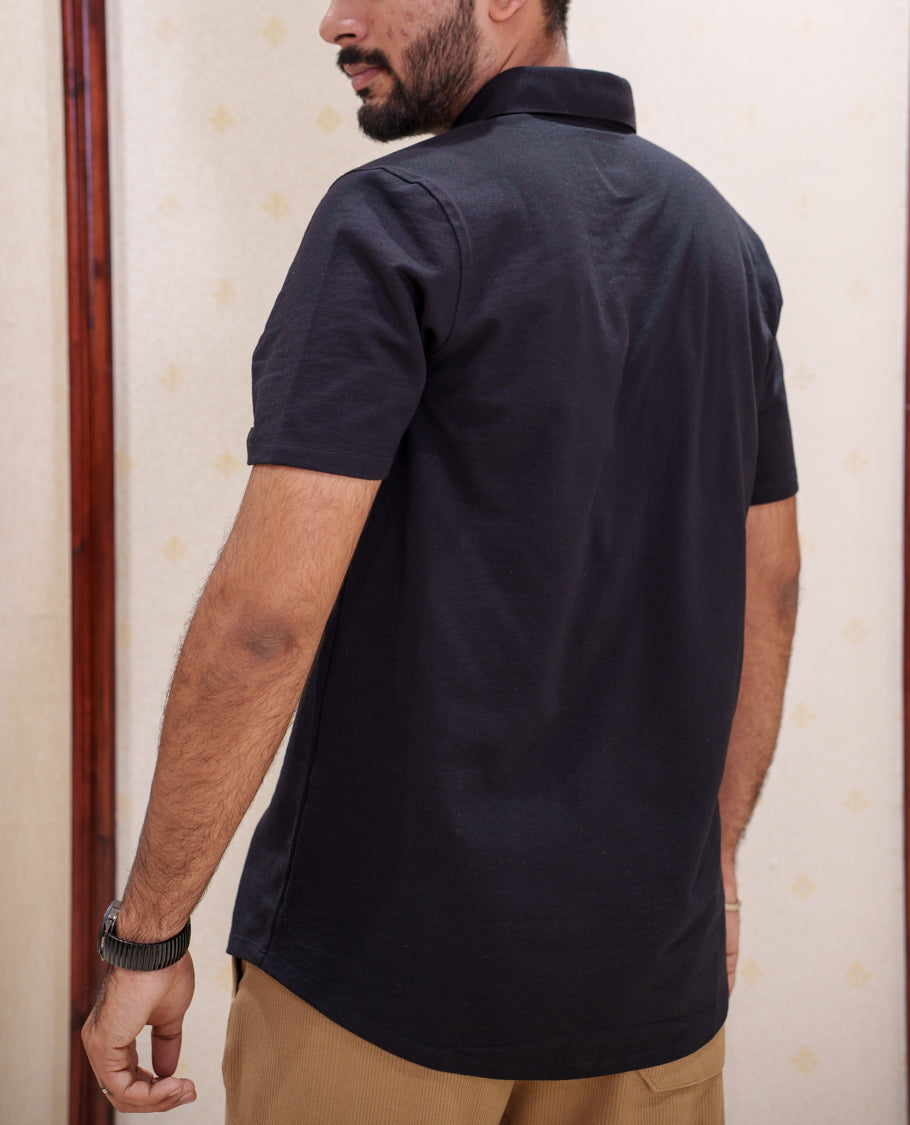 Black Fancy Knitted Casual Shirt, Comes with Lion Motifs Embroidery, a Spread Collar, Half Sleeves, Regular Fit, and Regular Length