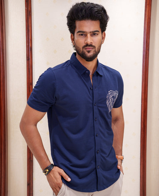 Blue Fancy Knitted Casual Shirt, Comes with Lion Motifs Embroidery, a Spread Collar, Half Sleeves, Regular Fit, and Regular Length