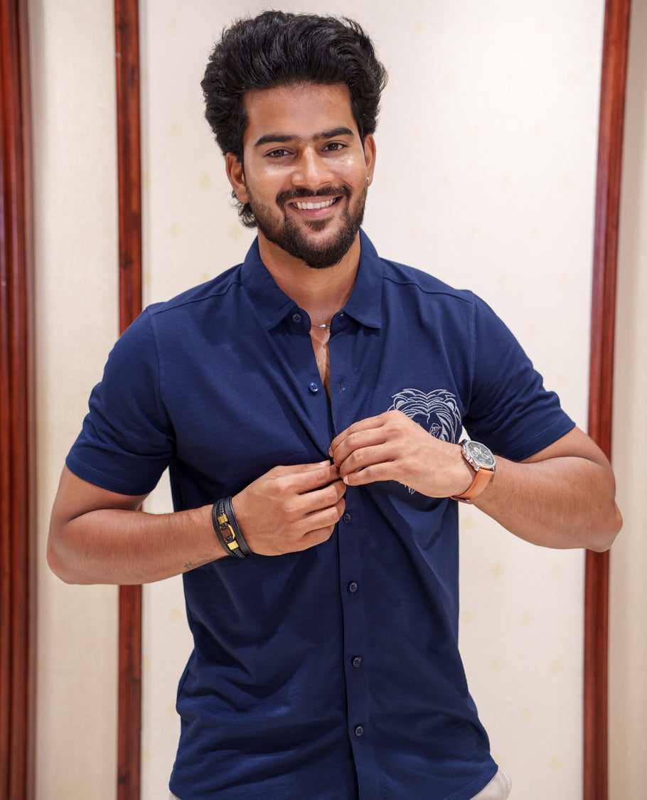 Blue Fancy Knitted Casual Shirt, Comes with Lion Motifs Embroidery, a Spread Collar, Half Sleeves, Regular Fit, and Regular Length