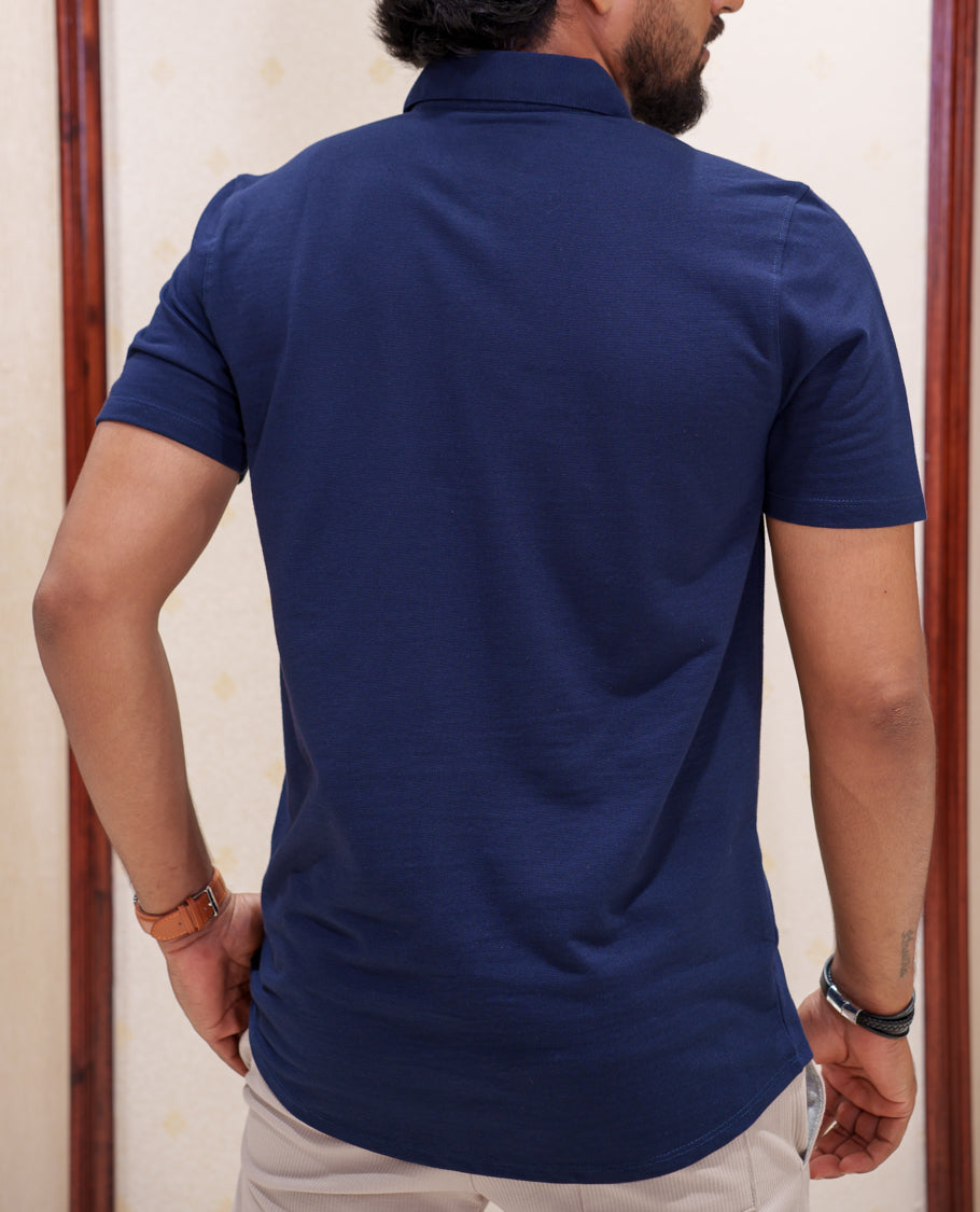 Blue Fancy Knitted Casual Shirt, Comes with Lion Motifs Embroidery, a Spread Collar, Half Sleeves, Regular Fit, and Regular Length