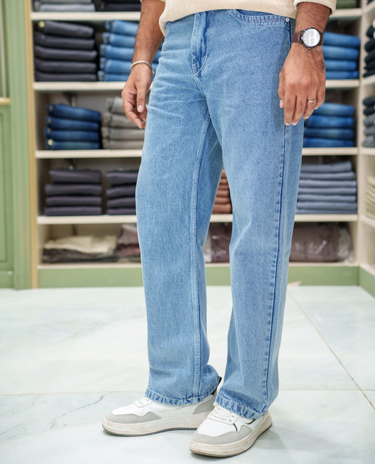 Light Blue Heathered Textured Denim Trousers Come with Baggy Fit and Regular Length