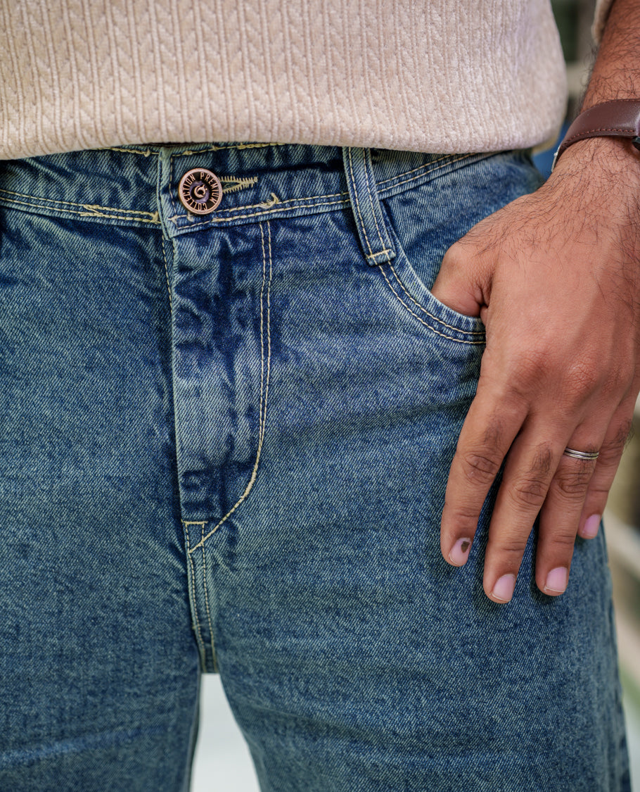 Blue-Green Heathered Textured Denim Trousers Come with Baggy Fit and Regular Length