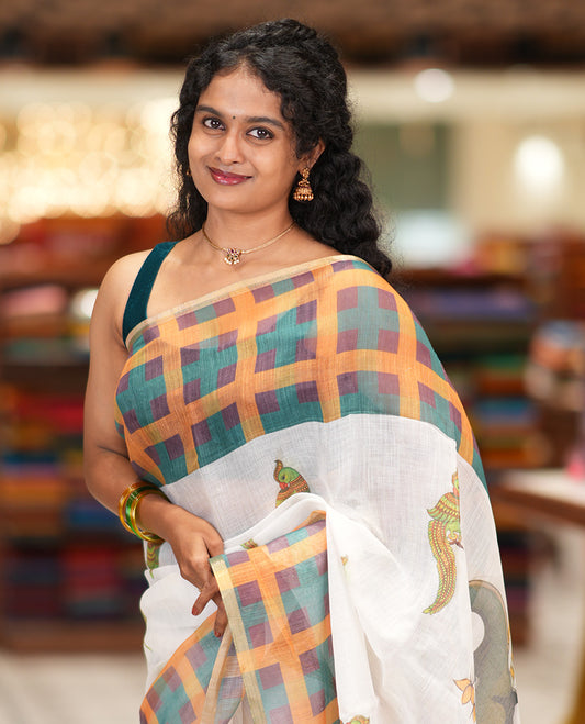 White-Orange Linen Cotton Saree