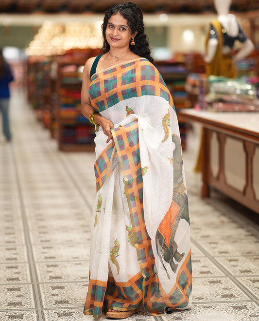 White-Orange Linen Cotton Saree