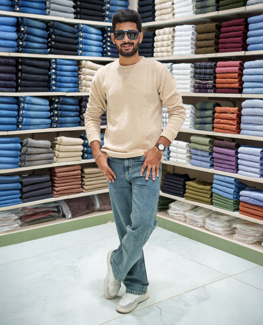 Blue-Green Heathered Textured Denim Trousers Come with Baggy Fit and Regular Length