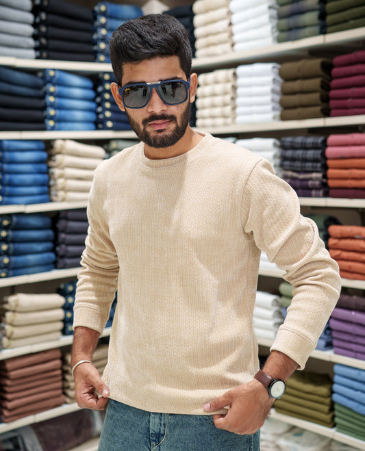 Cream Corduroy T-Shirt, Comes with Geometric Textures, a Crew-Neck, Full Sleeves, Slim Fit, and Regular Length