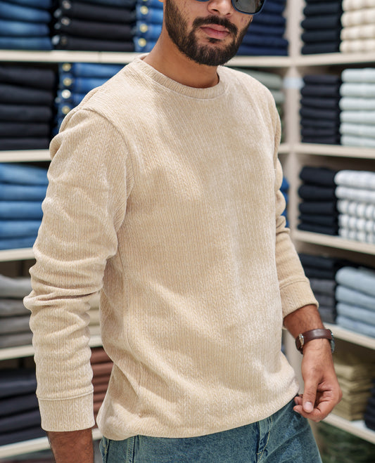 Cream Corduroy T-Shirt, Comes with Geometric Textures, a Crew-Neck, Full Sleeves, Slim Fit, and Regular Length