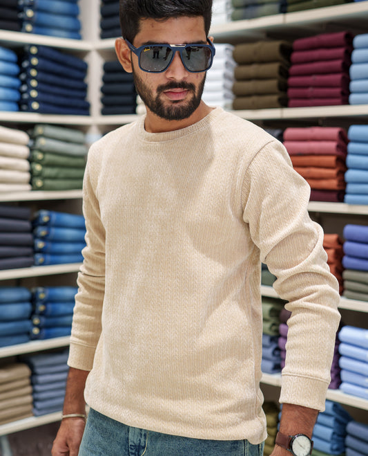 Cream Corduroy T-Shirt, Comes with Geometric Textures, a Crew-Neck, Full Sleeves, Slim Fit, and Regular Length