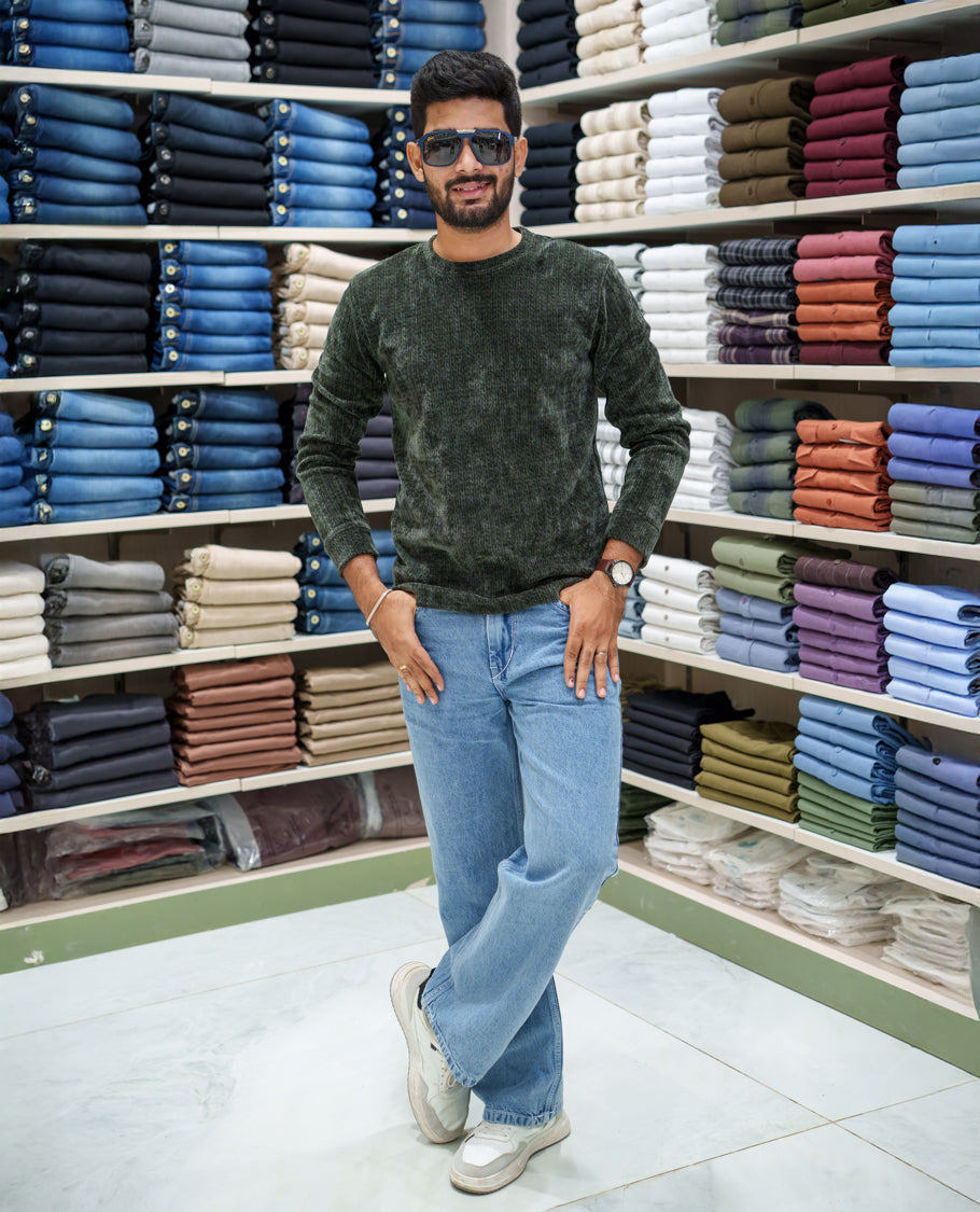 Green Corduroy T-Shirt, Comes with Geometric Textures, a Crew-Neck, Full Sleeves, Slim Fit, and Regular Length