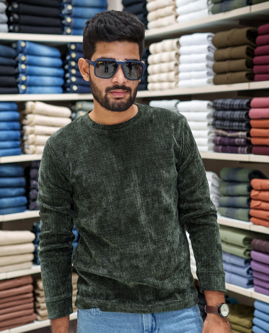 Green Corduroy T-Shirt, Comes with Geometric Textures, a Crew-Neck, Full Sleeves, Slim Fit, and Regular Length