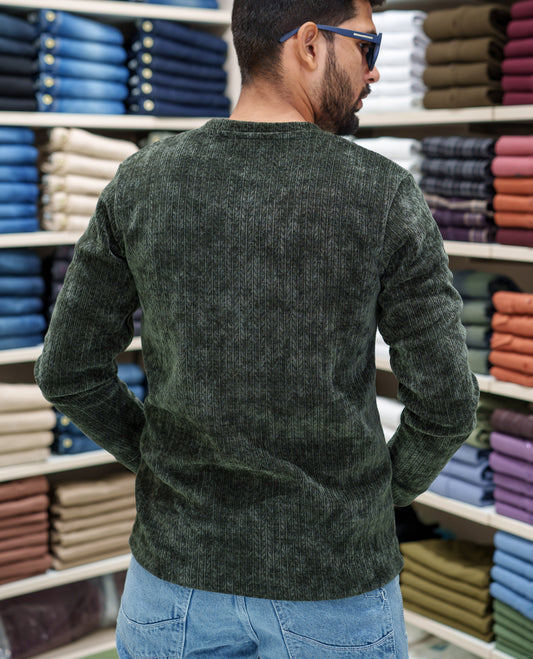 Green Corduroy T-Shirt, Comes with Geometric Textures, a Crew-Neck, Full Sleeves, Slim Fit, and Regular Length