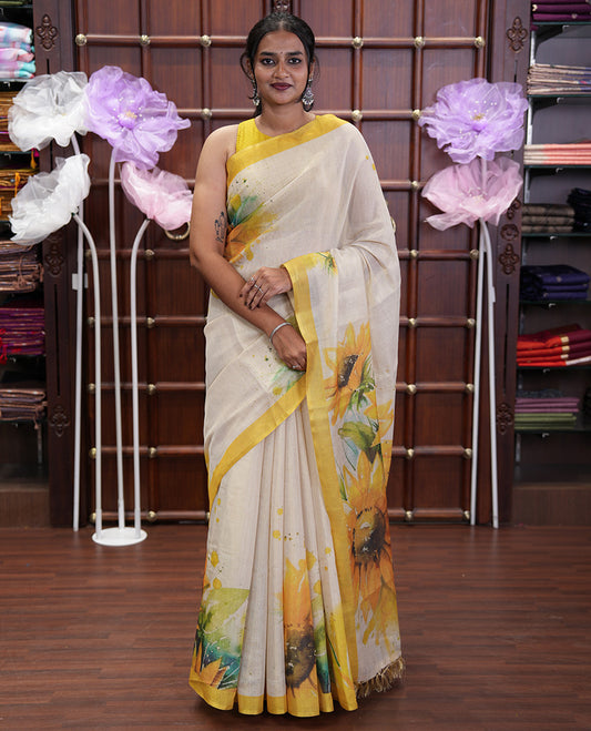 Cream Tissue Saree, Artfully Printed with SunFlower Motifs Printed On Its Body, Complemented by Contrast Border, Pallu Pictures Sunflower Motifs Print, and Paired with a Contrast Blouse