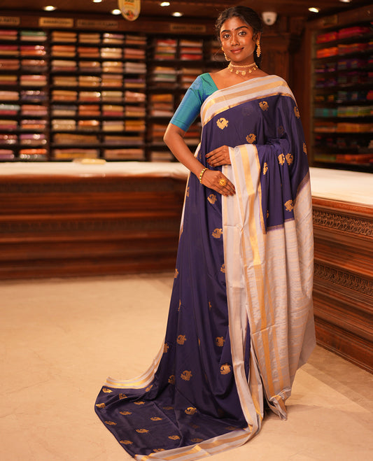 Navy Semi-Mysore Silk Saree