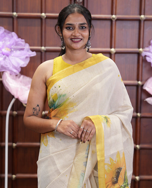 Cream Tissue Saree, Artfully Printed with SunFlower Motifs Printed On Its Body, Complemented by Contrast Border, Pallu Pictures Sunflower Motifs Print, and Paired with a Contrast Blouse