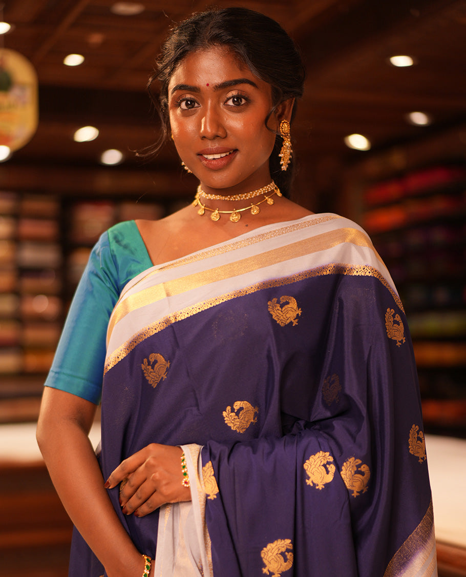Navy Semi-Mysore Silk Saree