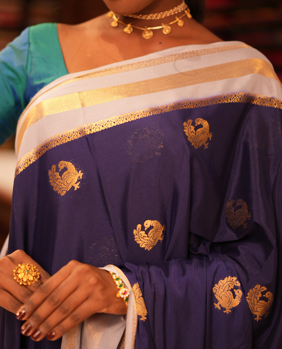 Navy Semi-Mysore Silk Saree
