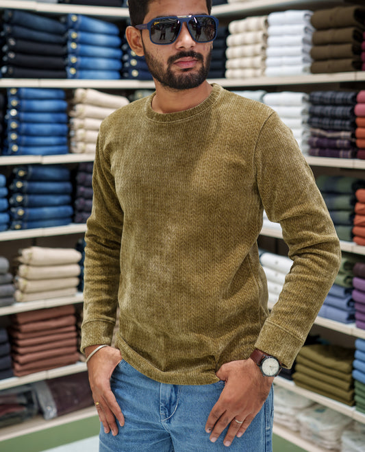 Mehendi Corduroy T-Shirt, Comes with Geometric Textures, a Crew-Neck, Full Sleeves, Slim Fit, and Regular Length