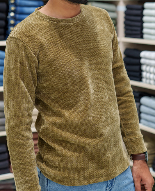 Mehendi Corduroy T-Shirt, Comes with Geometric Textures, a Crew-Neck, Full Sleeves, Slim Fit, and Regular Length