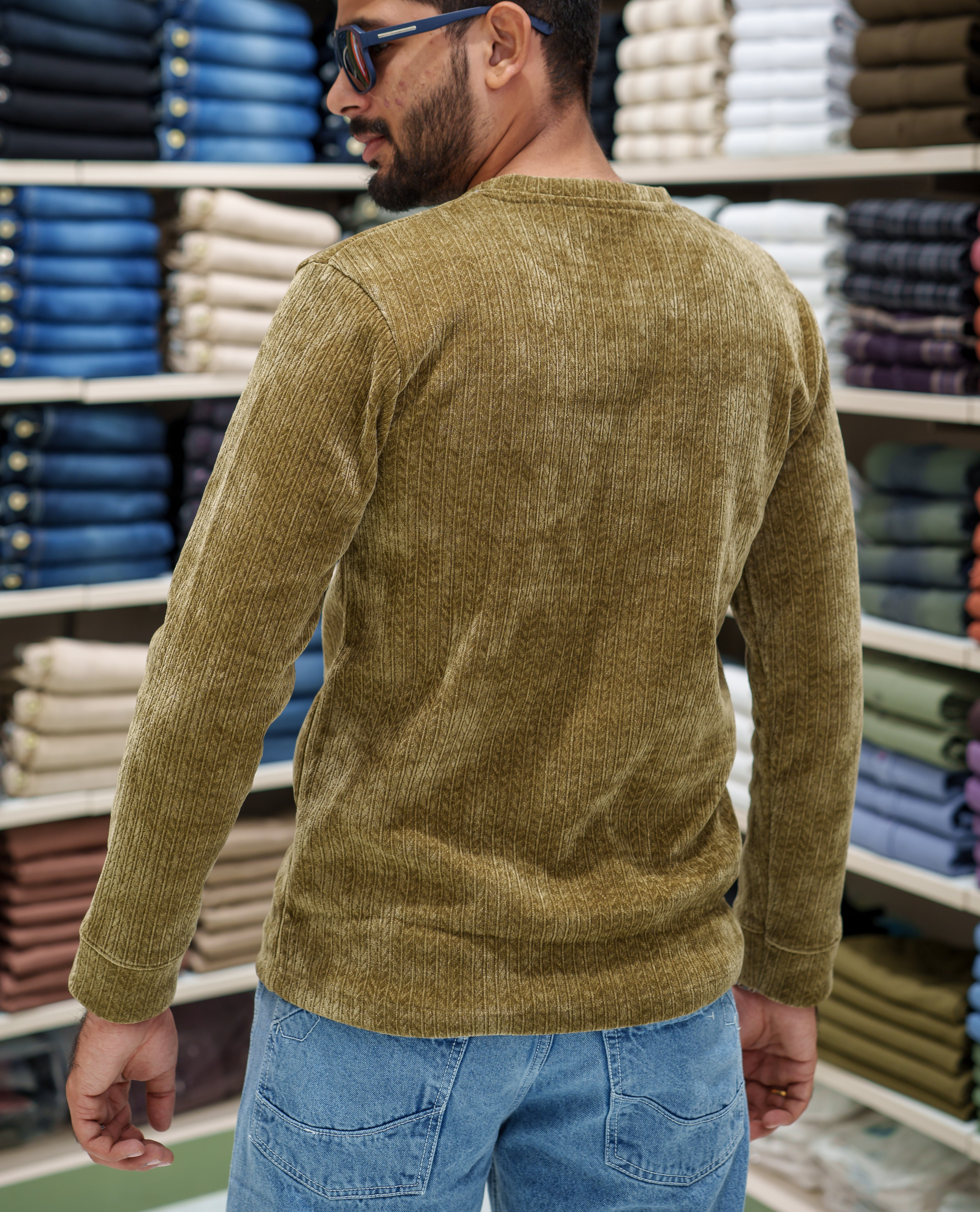 Mehendi Corduroy T-Shirt, Comes with Geometric Textures, a Crew-Neck, Full Sleeves, Slim Fit, and Regular Length