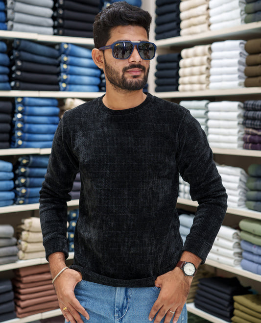 Black Corduroy T-Shirt, Comes with Geometric Textures, a Crew-Neck, Full Sleeves, Slim Fit, and Regular Length