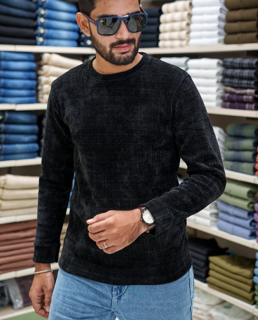 Black Corduroy T-Shirt, Comes with Geometric Textures, a Crew-Neck, Full Sleeves, Slim Fit, and Regular Length